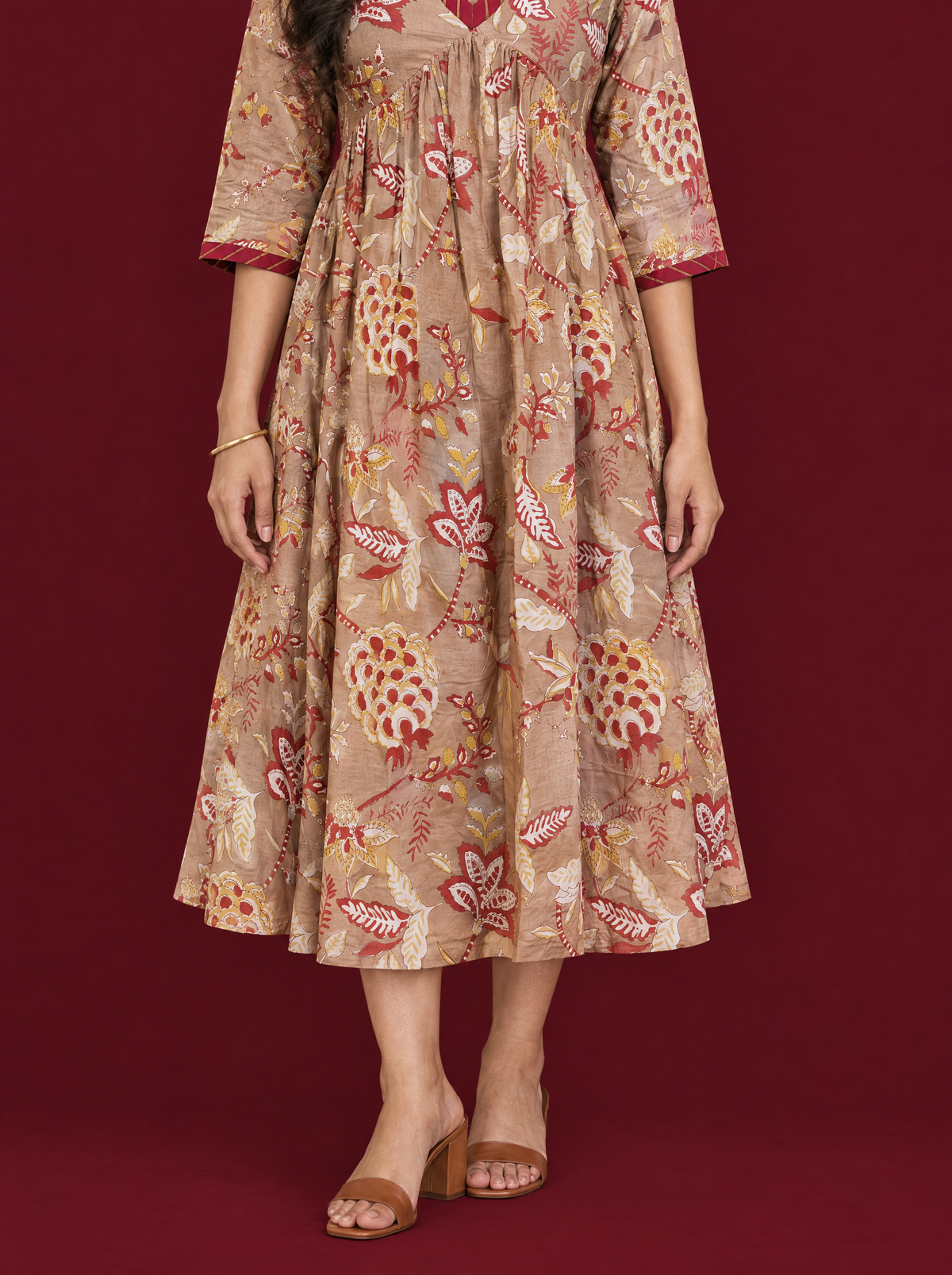 Floral Print Cotton Empire Waist Dress with 3/4 Sleeves
