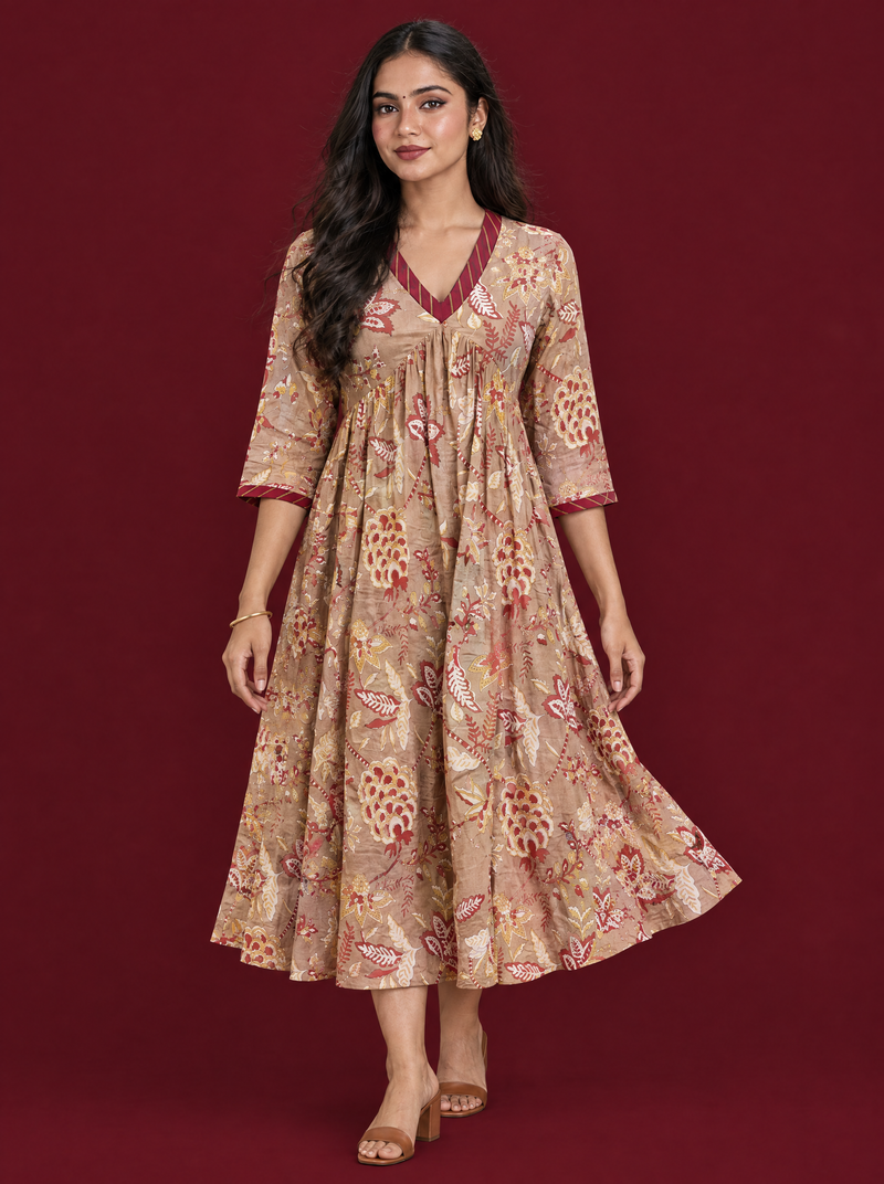 Floral Print Cotton Empire Waist Dress with 3/4 Sleeves