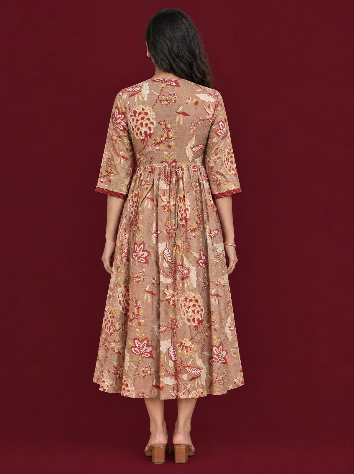 Floral Print Cotton Empire Waist Dress with 3/4 Sleeves