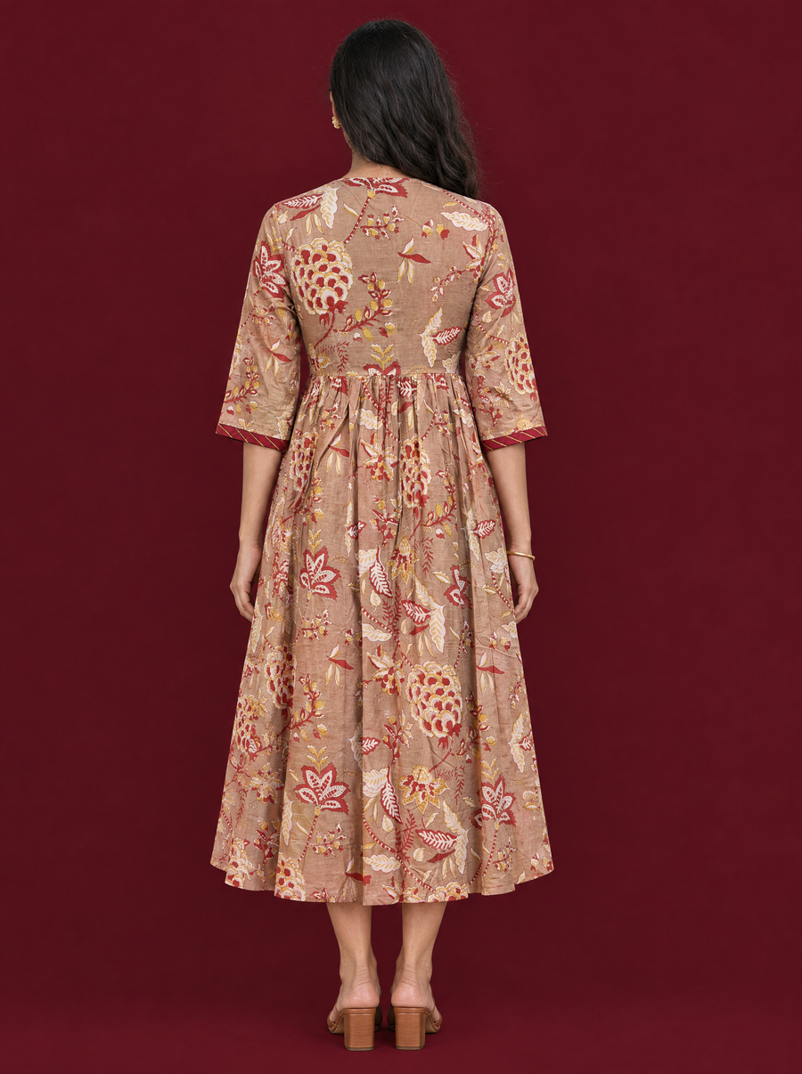 Floral Print Cotton Empire Waist Dress with 3/4 Sleeves