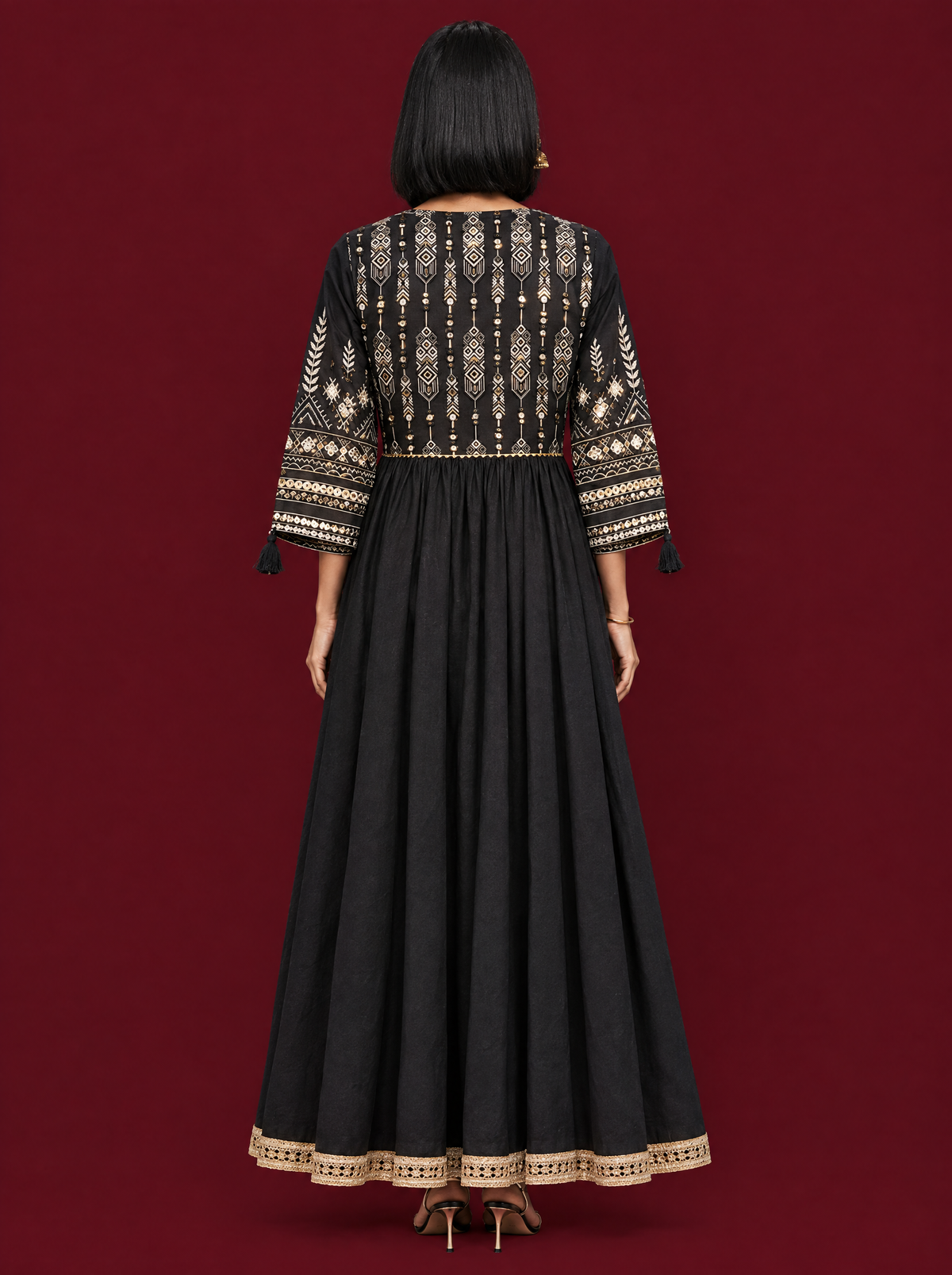 Black Cotton Panelled Dress with Lace V Neck and Tassels