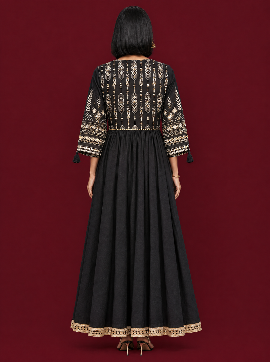 Black Cotton Panelled Dress with Lace V Neck and Tassels