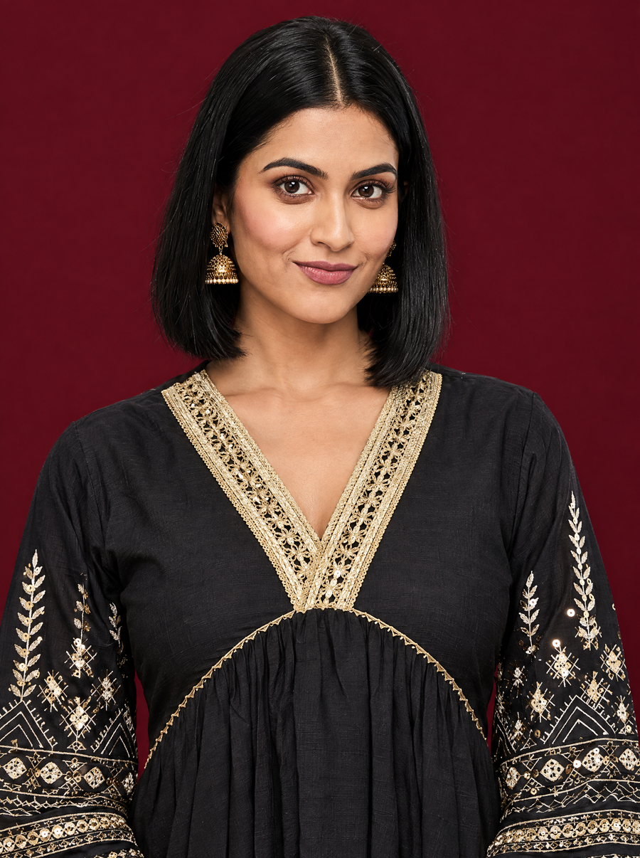 Black Cotton Panelled Dress with Lace V Neck and Tassels
