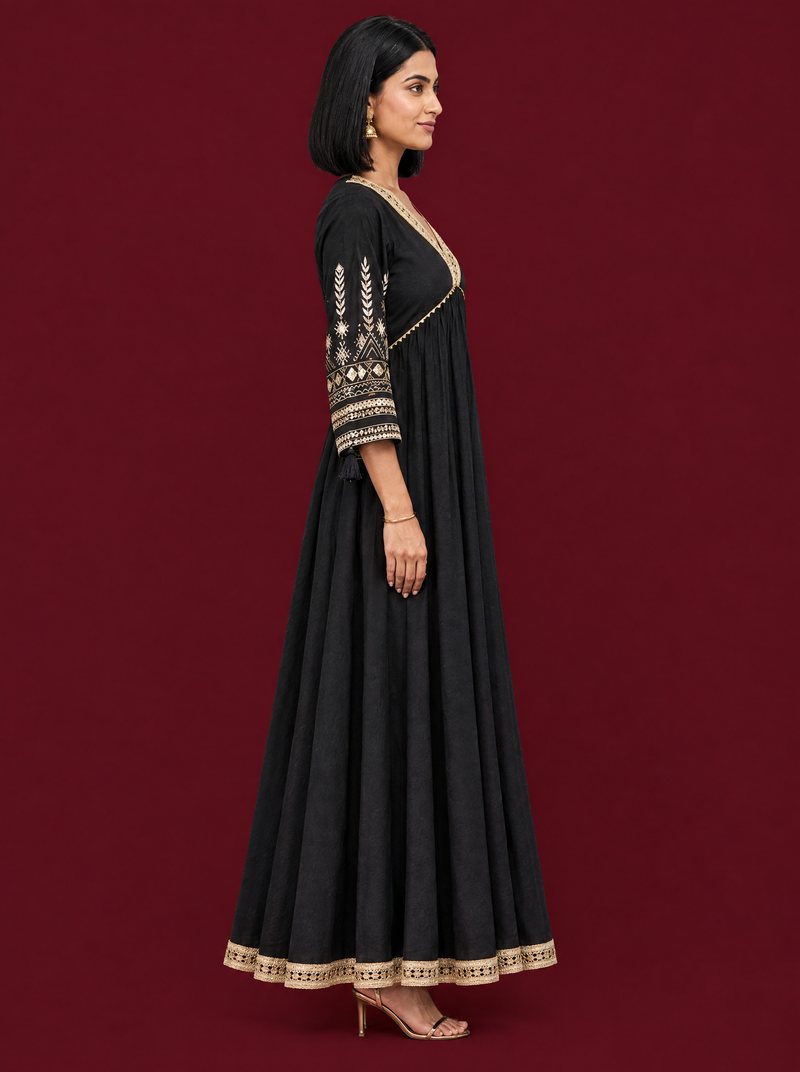 Black Cotton Panelled Dress with Lace V Neck and Tassels