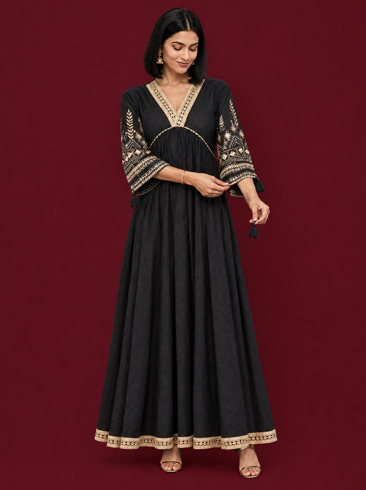 Black Cotton Panelled Dress with Lace V Neck and Tassels