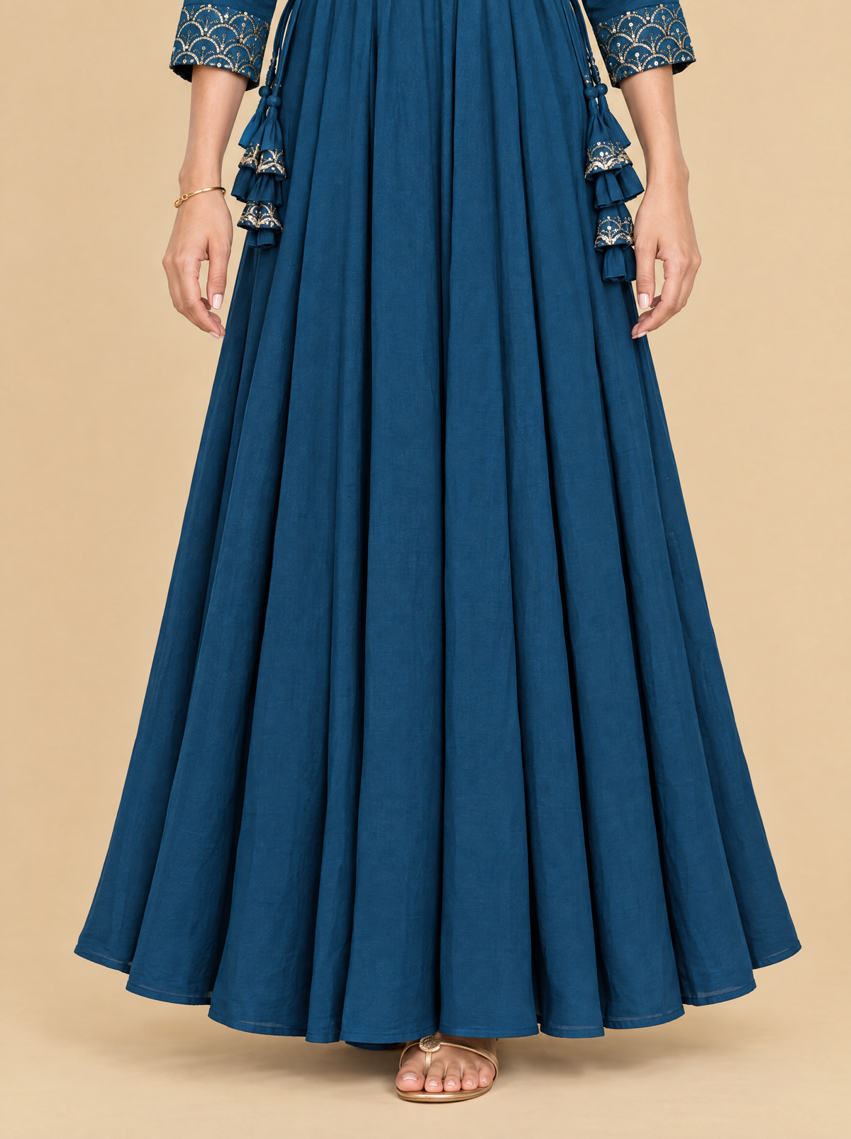 Zari Embroidered Teal Rayon A-Line Dress