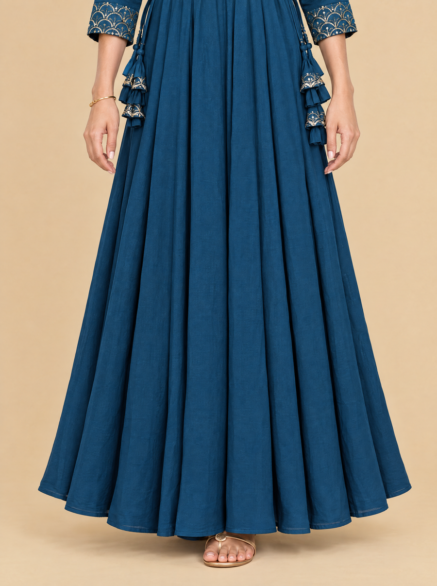Zari Embroidered Teal Rayon A-Line Dress
