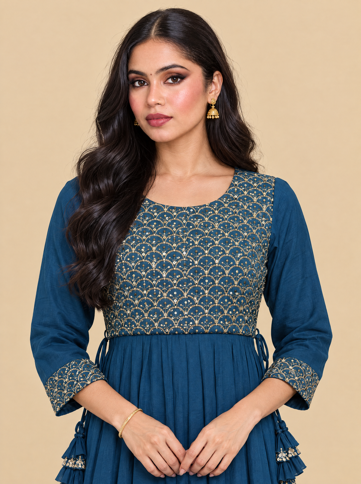Zari Embroidered Teal Rayon A-Line Dress