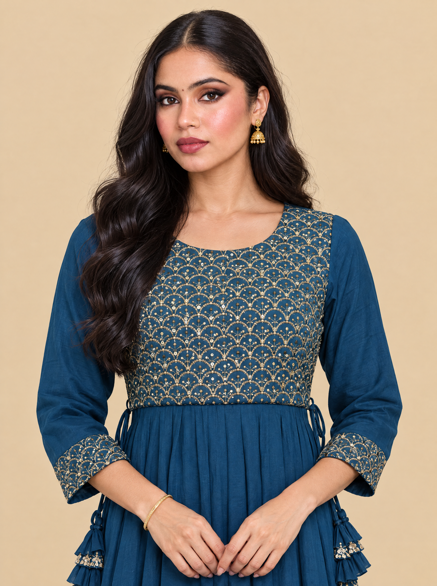 Zari Embroidered Teal Rayon A-Line Dress