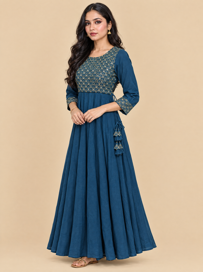 Zari Embroidered Teal Rayon A-Line Dress