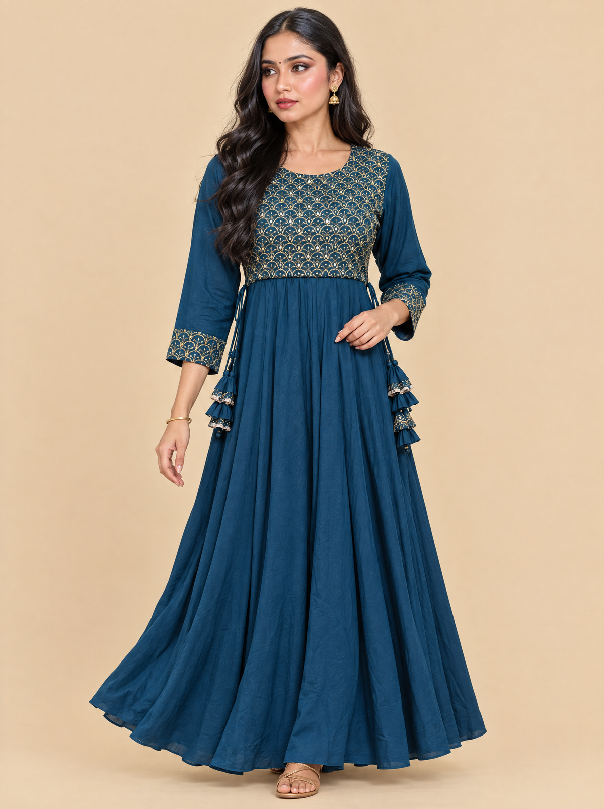 Zari Embroidered Teal Rayon A-Line Dress