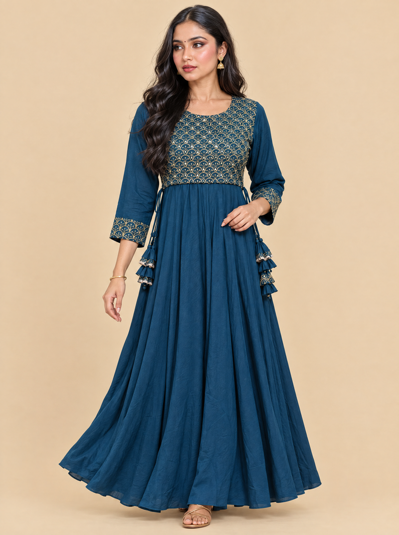 Zari Embroidered Teal Rayon A-Line Dress