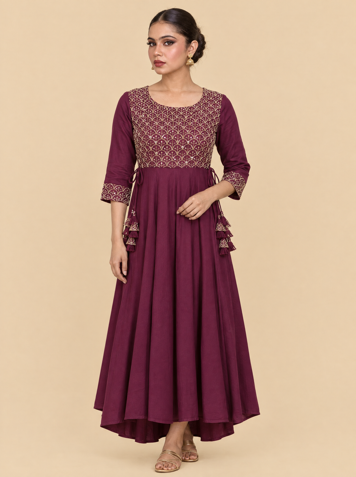 Zari Embroidered Burgundy Rayon Festive Dress