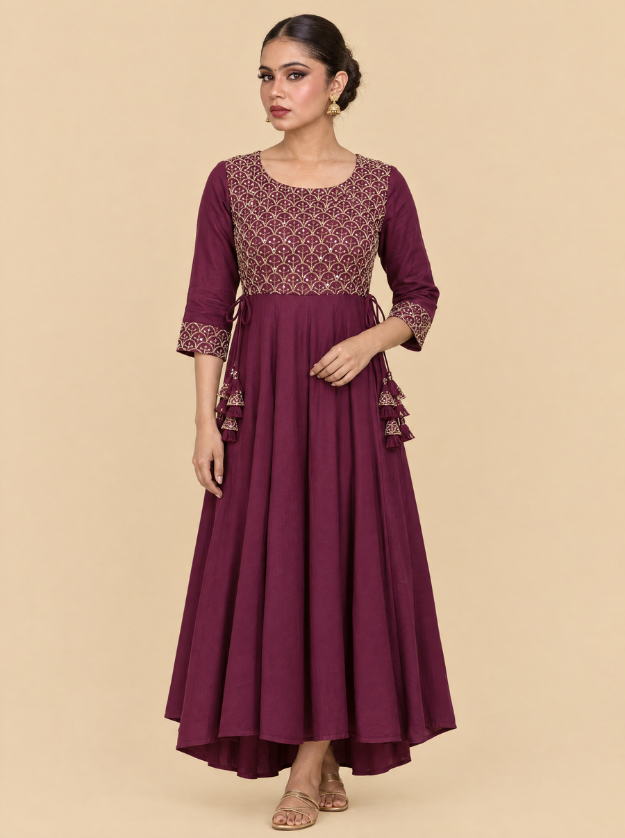 Zari Embroidered Burgundy Rayon Festive Dress