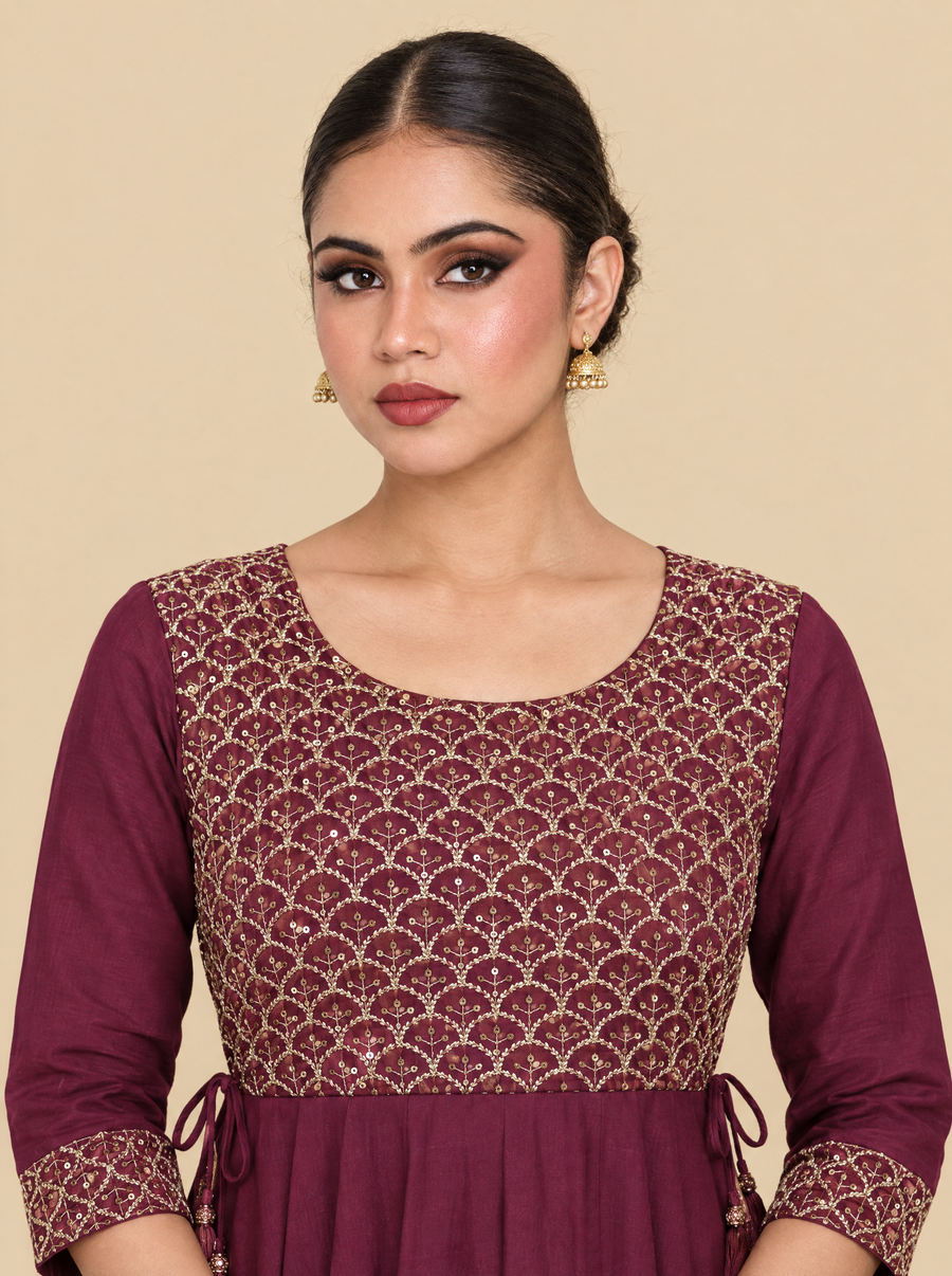 Zari Embroidered Burgundy Rayon Festive Dress