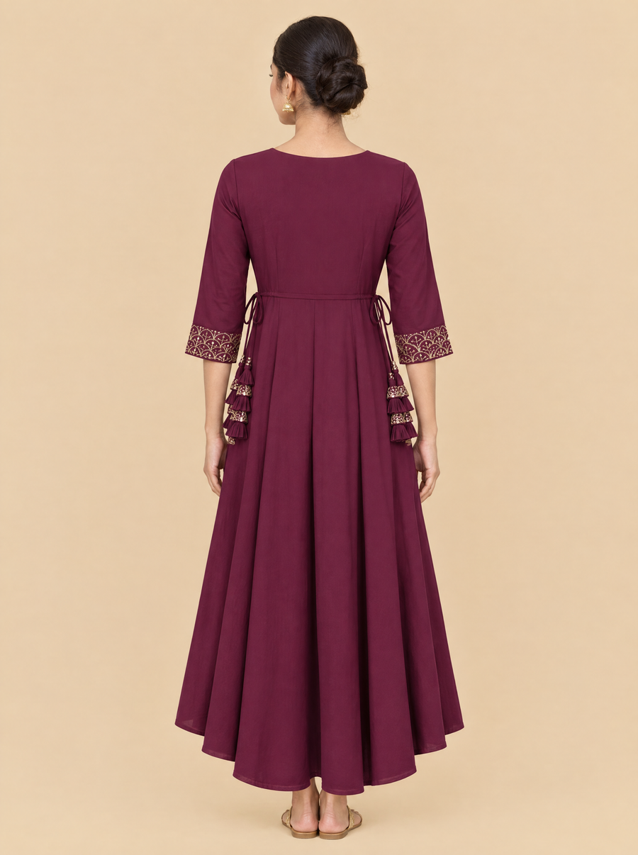 Zari Embroidered Burgundy Rayon Festive Dress